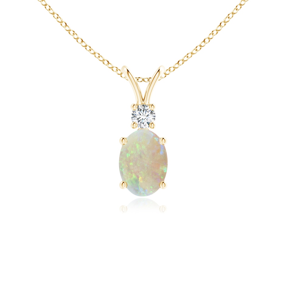 7x5mm AAA Oval Opal V-Bale Pendant with Diamond Accent in Yellow Gold 
