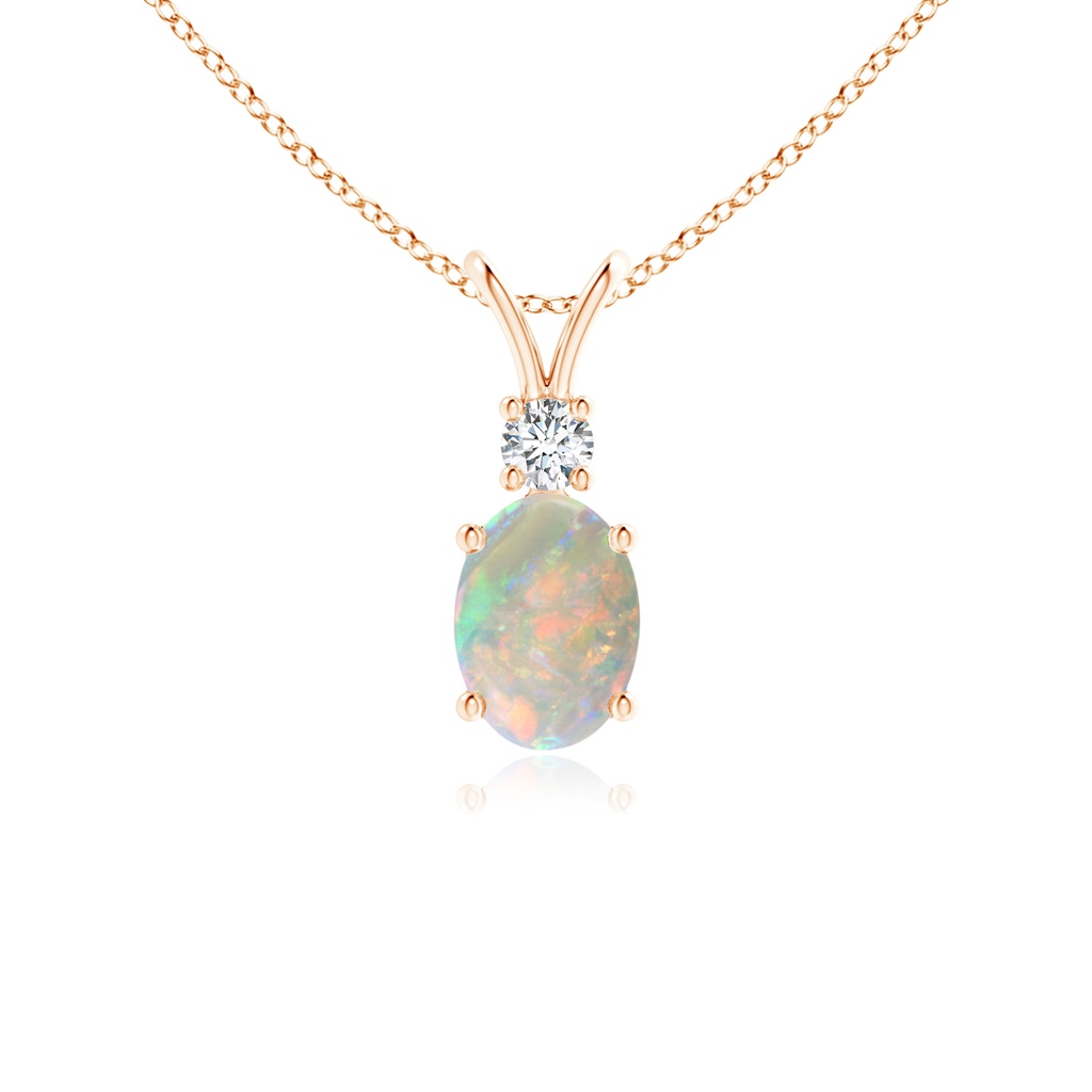 7x5mm AAAA Oval Opal V-Bale Pendant with Diamond Accent in Rose Gold