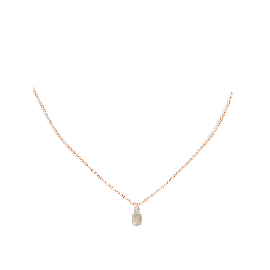 7x5mm AAAA Oval Opal V-Bale Pendant with Diamond Accent in Rose Gold body-neck