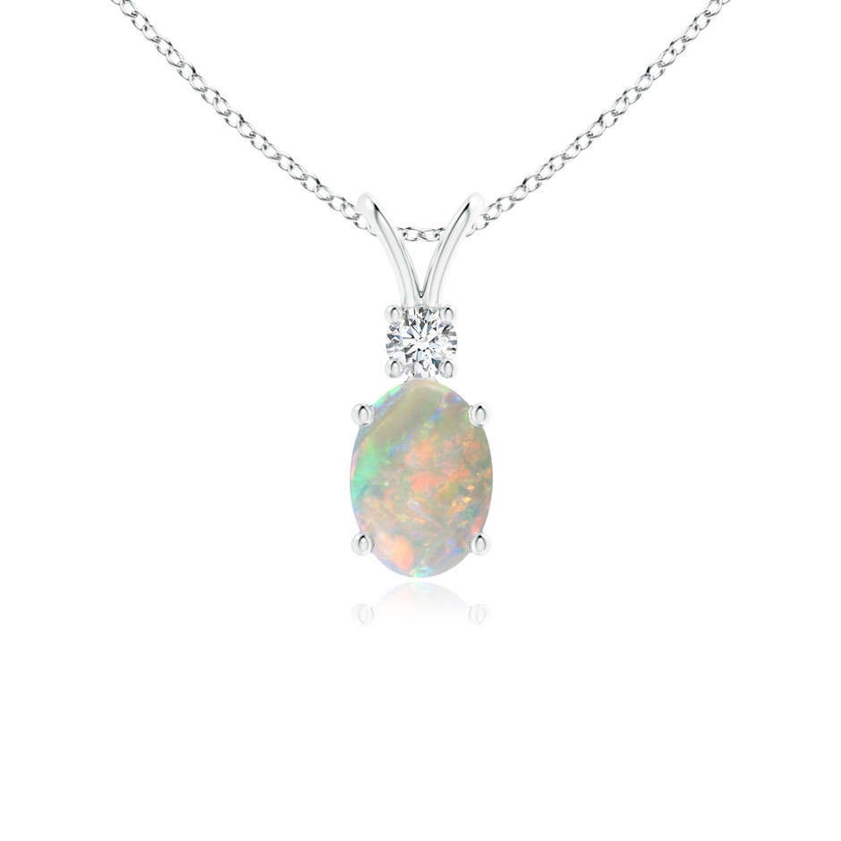 7x5mm AAAA Oval Opal V-Bale Pendant with Diamond Accent in White Gold 