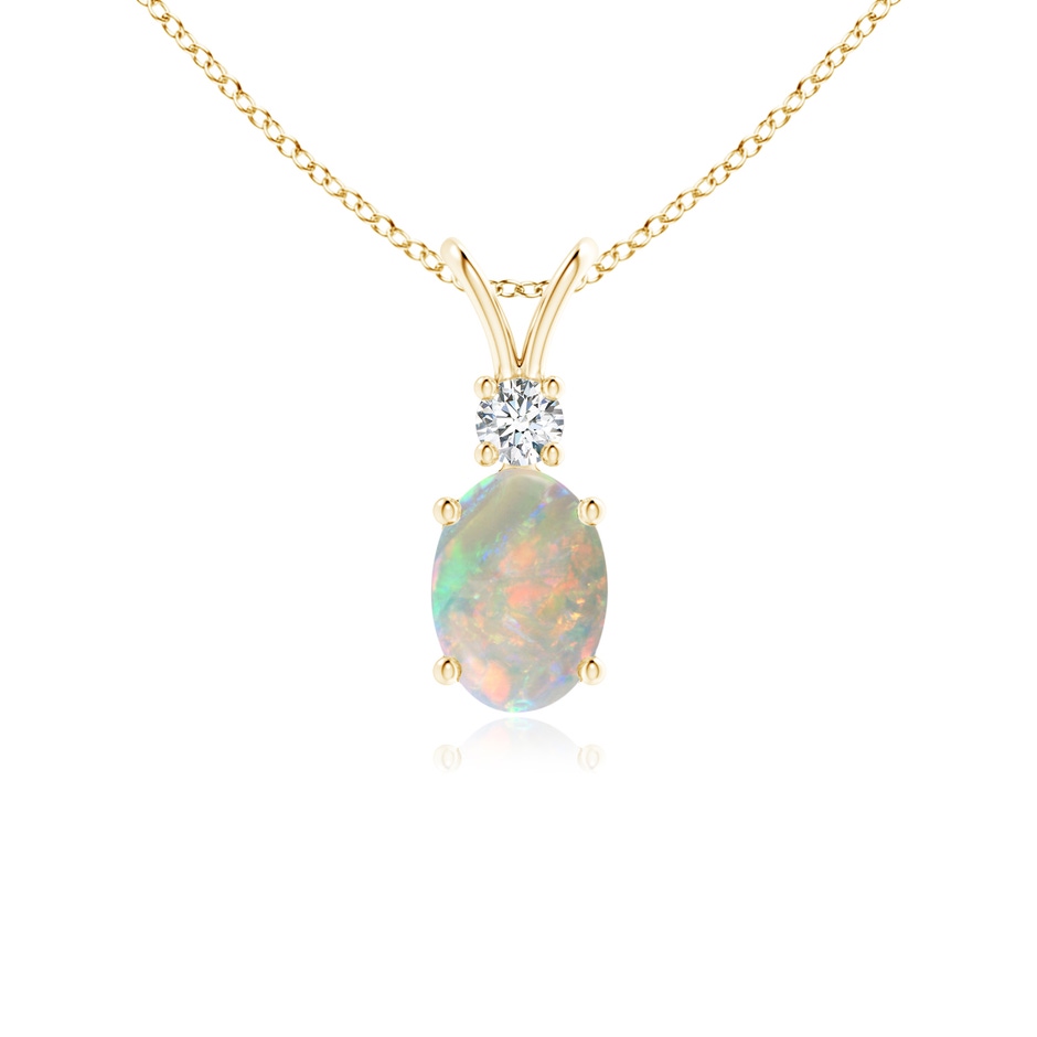 7x5mm AAAA Oval Opal V-Bale Pendant with Diamond Accent in Yellow Gold 