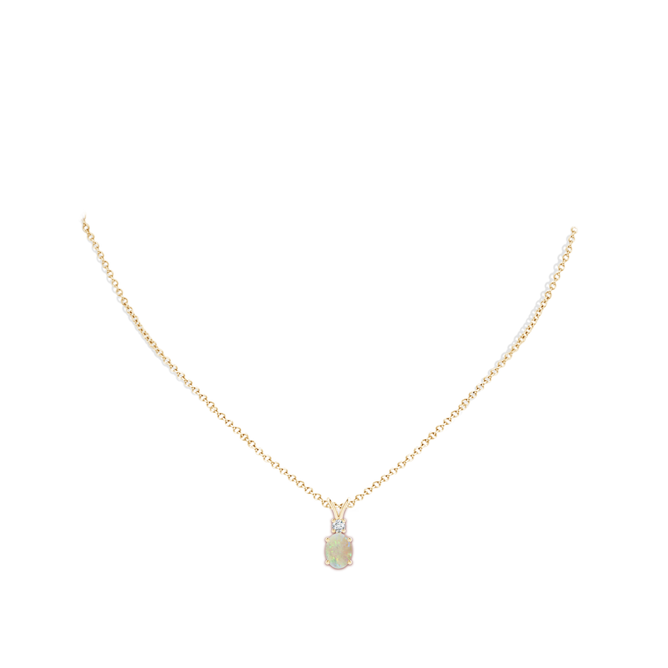8x6mm AAA Oval Opal V-Bale Pendant with Diamond Accent in Yellow Gold body-neck