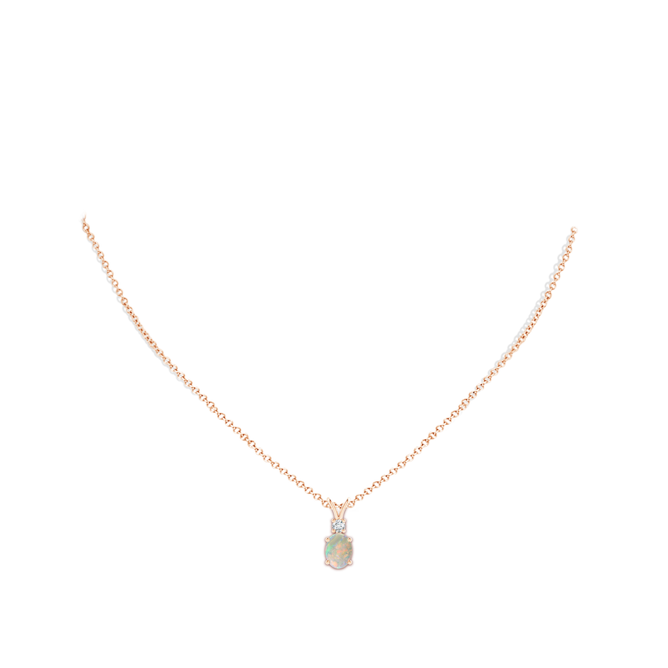 8x6mm AAAA Oval Opal V-Bale Pendant with Diamond Accent in Rose Gold body-neck