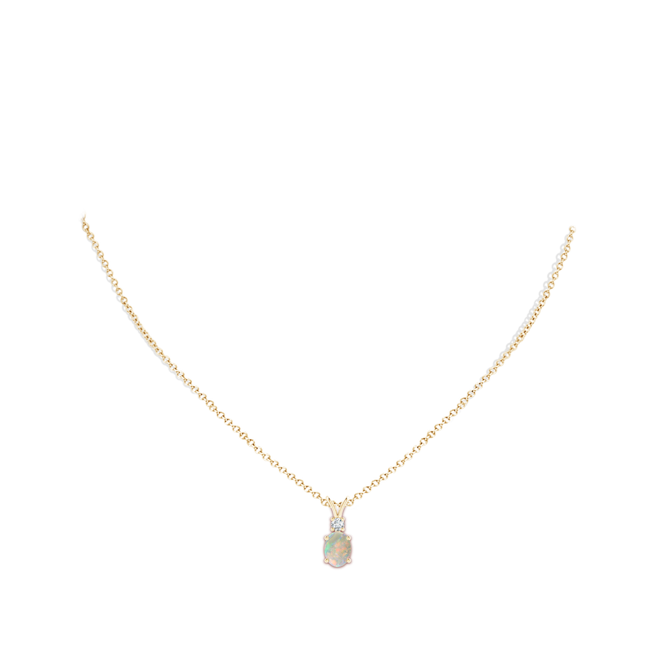 8x6mm AAAA Oval Opal V-Bale Pendant with Diamond Accent in Yellow Gold body-neck