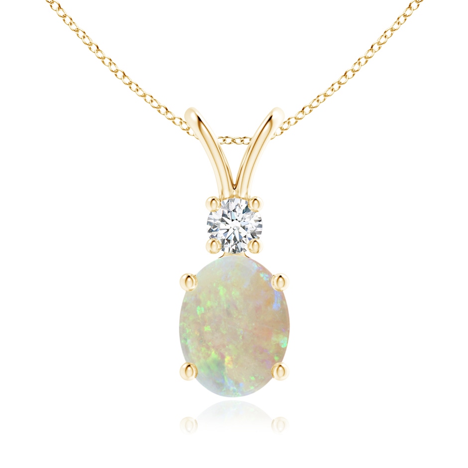 9x7mm AAA Oval Opal V-Bale Pendant with Diamond Accent in Yellow Gold 