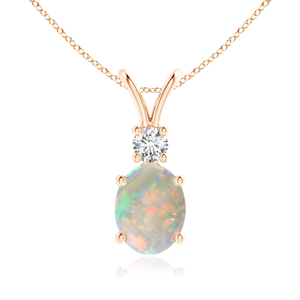 9x7mm AAAA Oval Opal V-Bale Pendant with Diamond Accent in Rose Gold