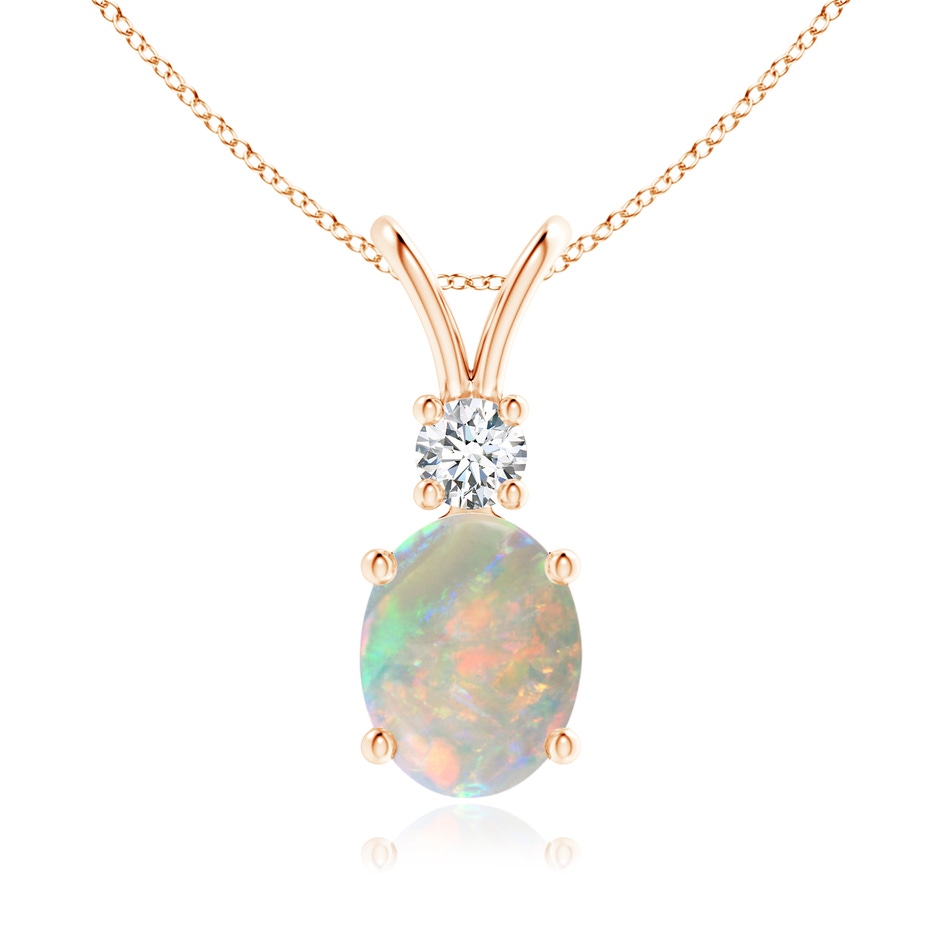 9x7mm AAAA Oval Opal V-Bale Pendant with Diamond Accent in Rose Gold 