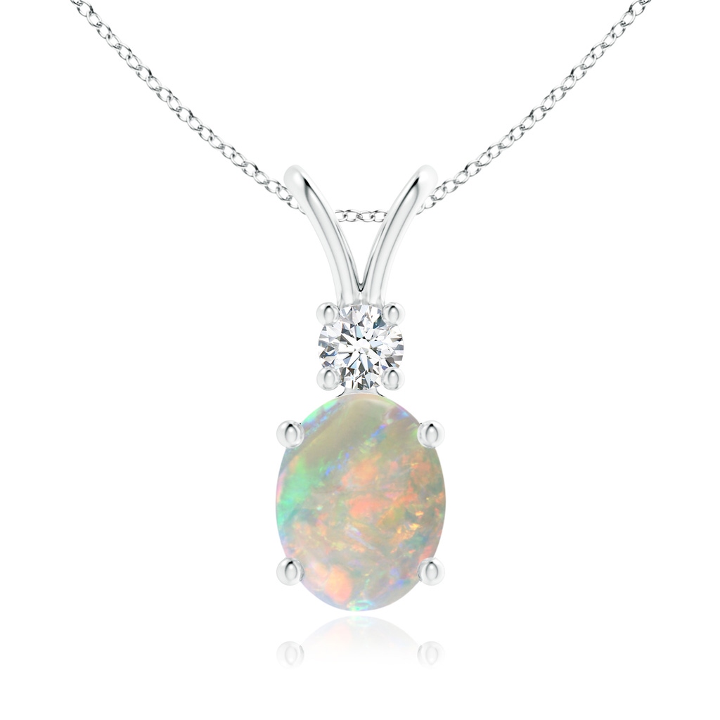 9x7mm AAAA Oval Opal V-Bale Pendant with Diamond Accent in White Gold