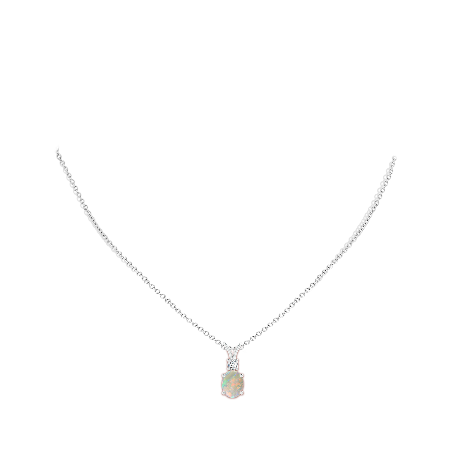 9x7mm AAAA Oval Opal V-Bale Pendant with Diamond Accent in White Gold - body_neck