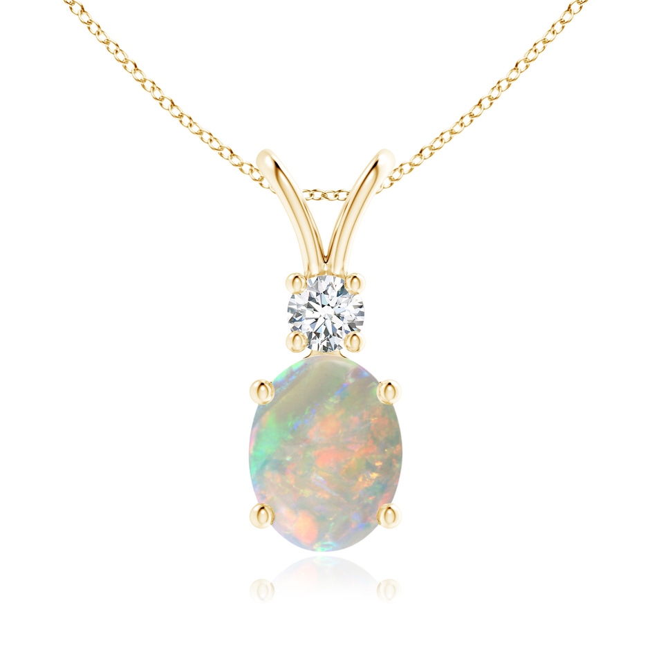 9x7mm AAAA Oval Opal V-Bale Pendant with Diamond Accent in Yellow Gold 