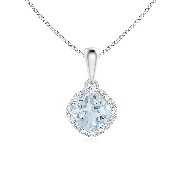 5mm A Sideways Cushion Aquamarine and Diamond Halo Pendant in White Gold 