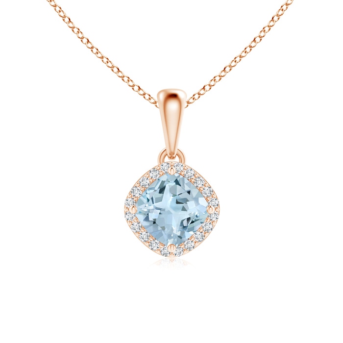 5mm AA Sideways Cushion Aquamarine and Diamond Halo Pendant in Rose Gold 