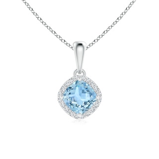 5mm AAA Sideways Cushion Aquamarine and Diamond Halo Pendant in 9K White Gold