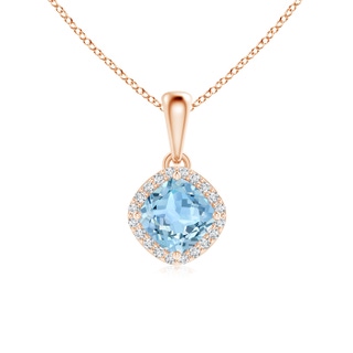 5mm AAA Sideways Cushion Aquamarine and Diamond Halo Pendant in Rose Gold