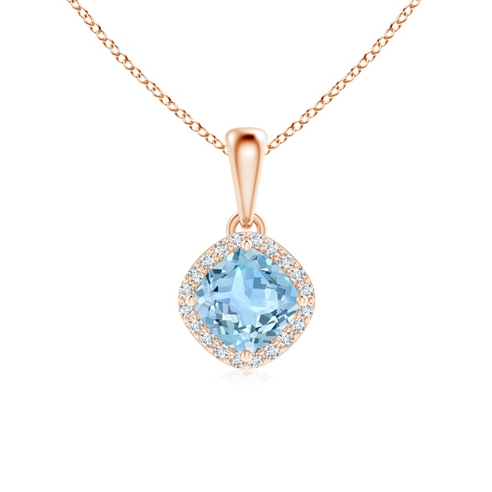 5mm AAA Sideways Cushion Aquamarine and Diamond Halo Pendant in Rose Gold 