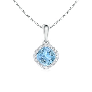 5mm AAAA Sideways Cushion Aquamarine and Diamond Halo Pendant in 9K White Gold