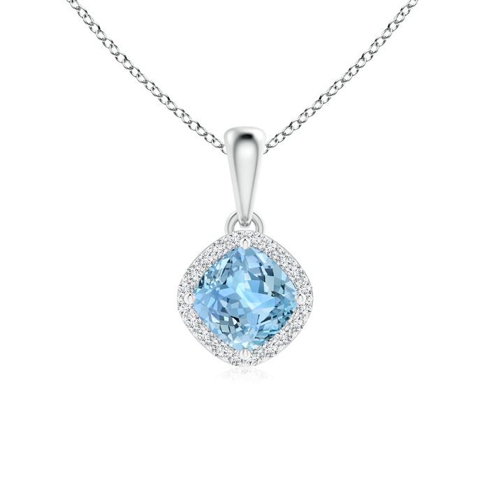 5mm AAAA Sideways Cushion Aquamarine and Diamond Halo Pendant in White Gold 