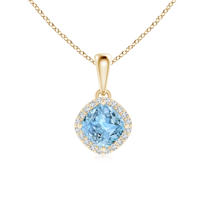 5mm AAAA Sideways Cushion Aquamarine and Diamond Halo Pendant in Yellow Gold