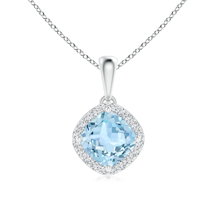 6mm AAA Sideways Cushion Aquamarine and Diamond Halo Pendant in 9K White Gold 