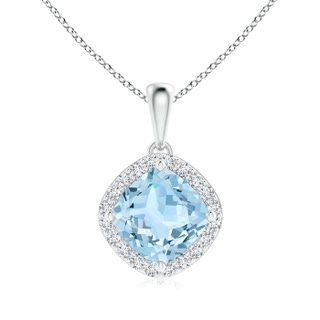 7mm AAA Sideways Cushion Aquamarine and Diamond Halo Pendant in White Gold