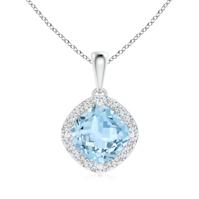 7mm AAA Sideways Cushion Aquamarine and Diamond Halo Pendant in White Gold 