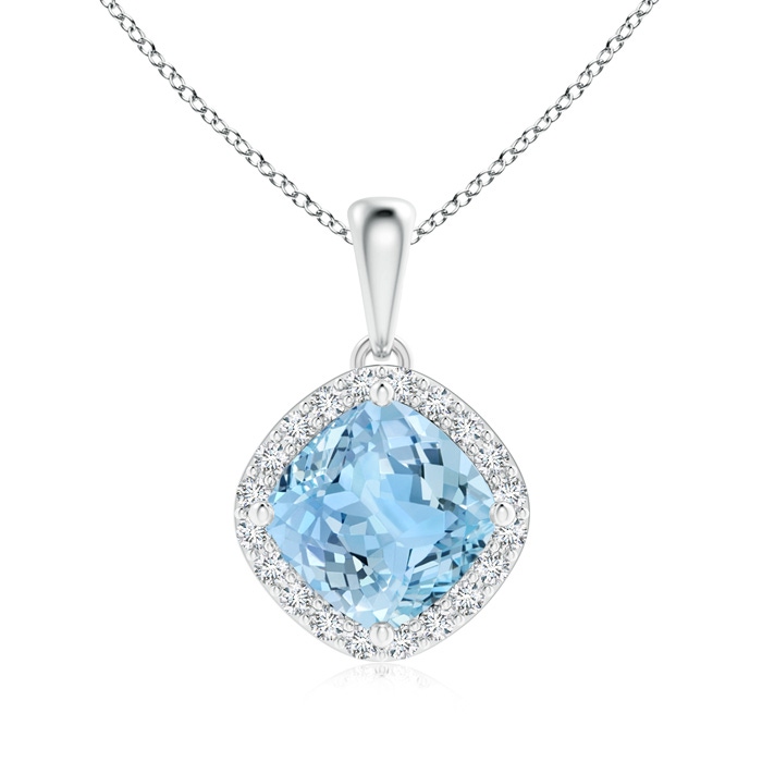 7mm AAAA Sideways Cushion Aquamarine and Diamond Halo Pendant in White Gold 