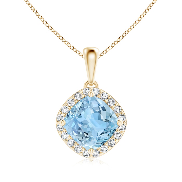 7mm AAAA Sideways Cushion Aquamarine and Diamond Halo Pendant in Yellow Gold