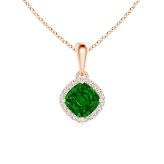 5mm AAAA Sideways Cushion Emerald and Diamond Halo Pendant in Rose Gold