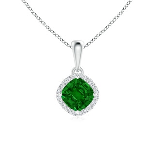 5mm AAAA Sideways Cushion Emerald and Diamond Halo Pendant in White Gold