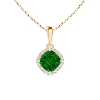 5mm AAAA Sideways Cushion Emerald and Diamond Halo Pendant in Yellow Gold