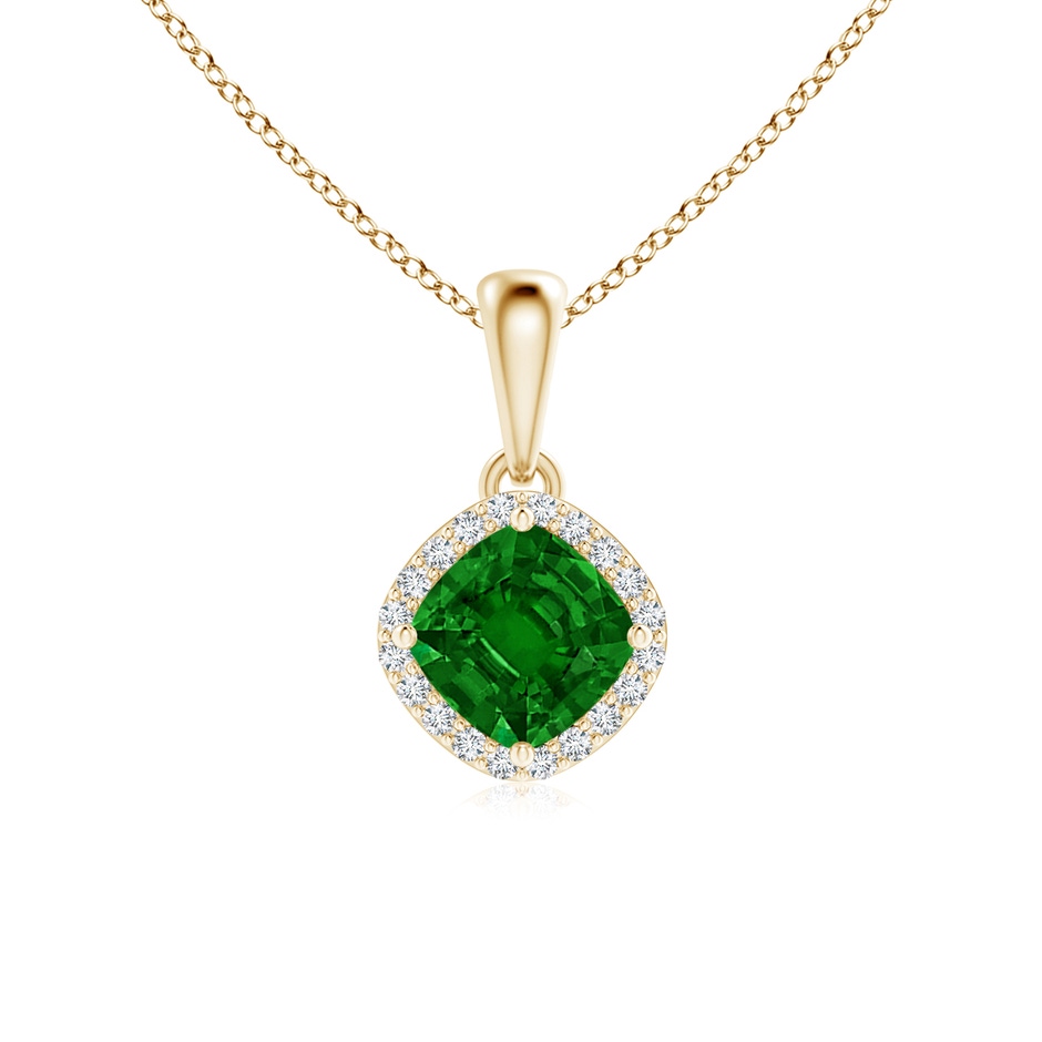 5mm AAAA Sideways Cushion Emerald and Diamond Halo Pendant in Yellow Gold 