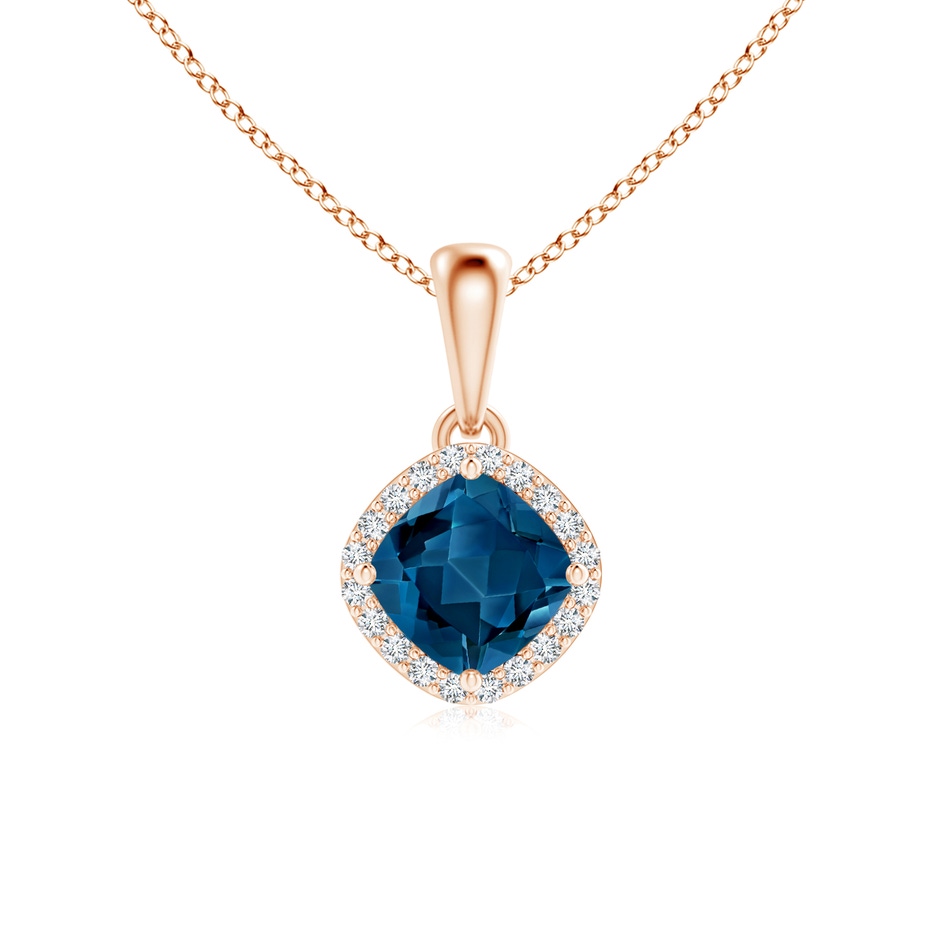 5mm AAA Sideways Cushion London Blue Topaz and Diamond Halo Pendant in Rose Gold 