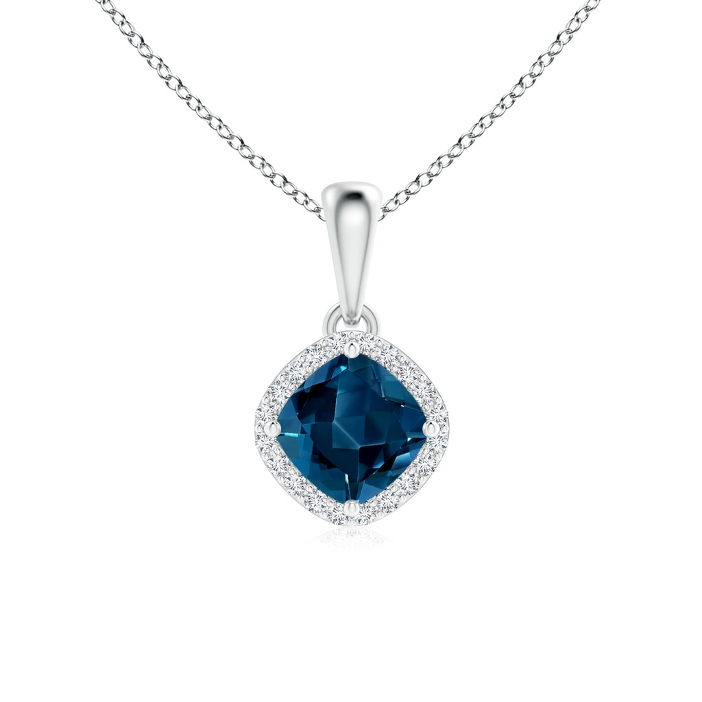 5mm AAAA Sideways Cushion London Blue Topaz and Diamond Halo Pendant in P950 Platinum