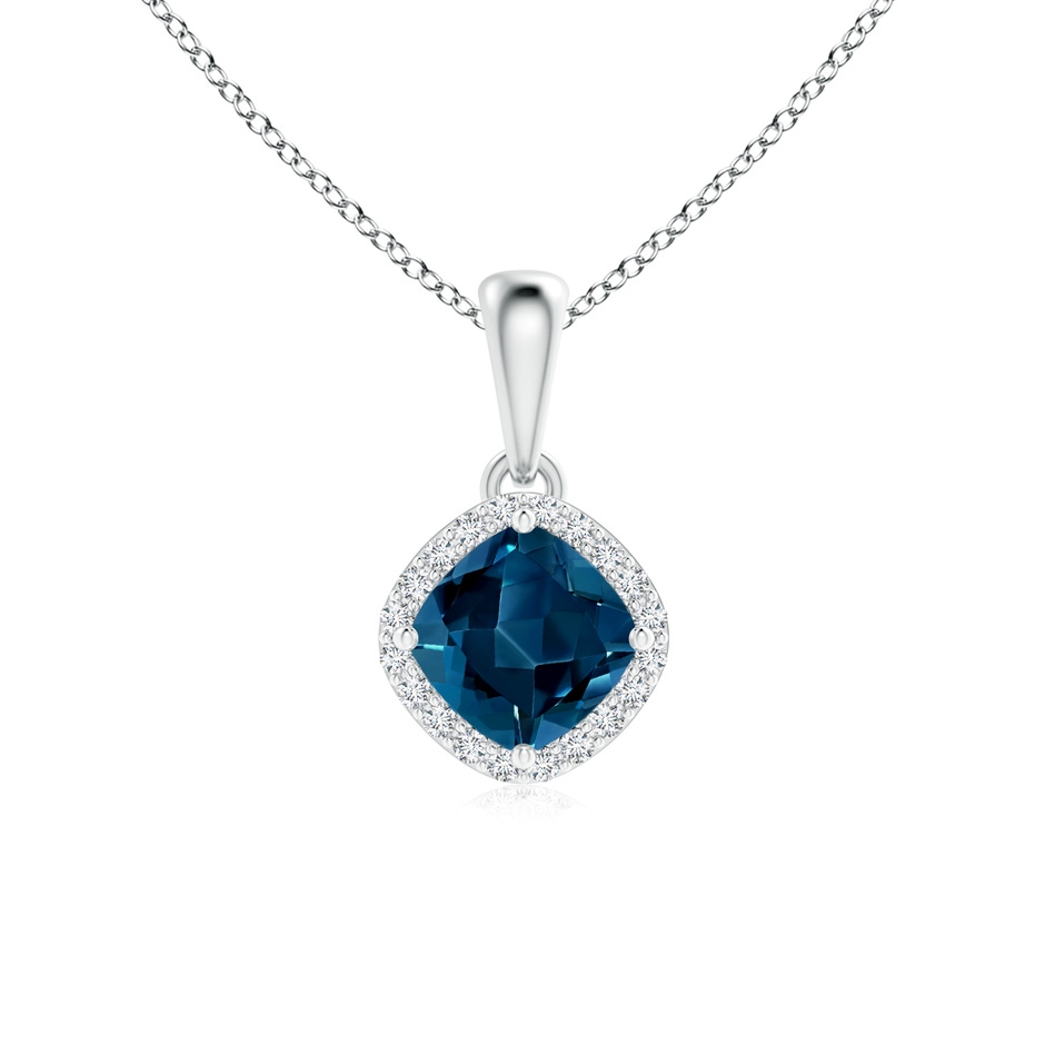 5mm AAAA Sideways Cushion London Blue Topaz and Diamond Halo Pendant in P950 Platinum 