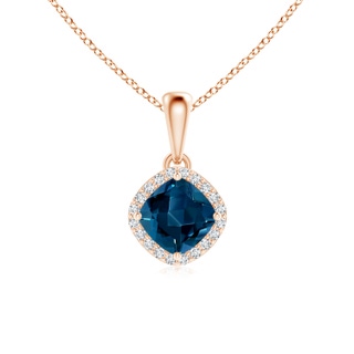 5mm AAAA Sideways Cushion London Blue Topaz and Diamond Halo Pendant in Rose Gold