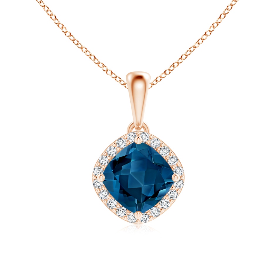 6mm AAA Sideways Cushion London Blue Topaz and Diamond Halo Pendant in Rose Gold 