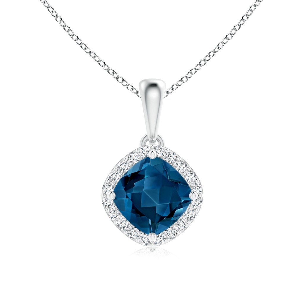 6mm AAA Sideways Cushion London Blue Topaz and Diamond Halo Pendant in White Gold