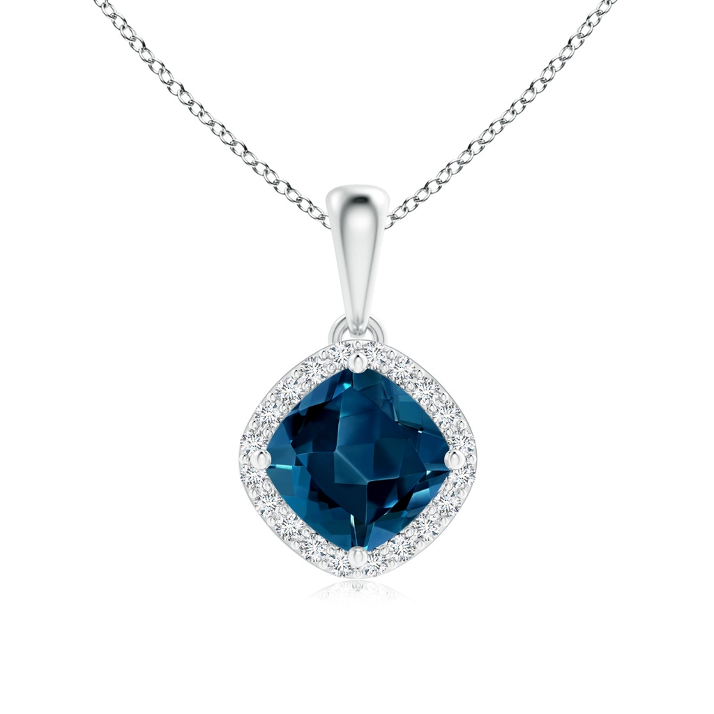 6mm AAAA Sideways Cushion London Blue Topaz and Diamond Halo Pendant in White Gold