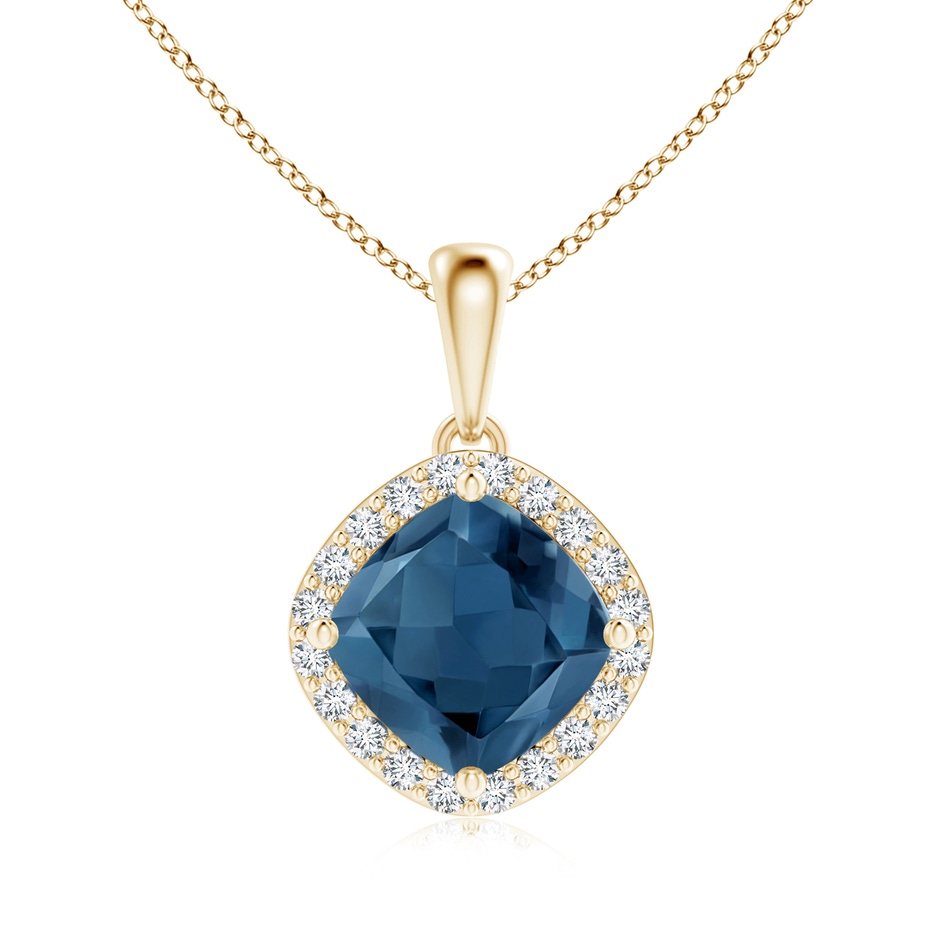 7mm A Sideways Cushion London Blue Topaz and Diamond Halo Pendant in Yellow Gold 
