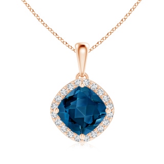 7mm AAA Sideways Cushion London Blue Topaz and Diamond Halo Pendant in Rose Gold