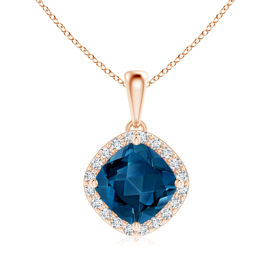 7mm AAA Sideways Cushion London Blue Topaz and Diamond Halo Pendant in Rose Gold 