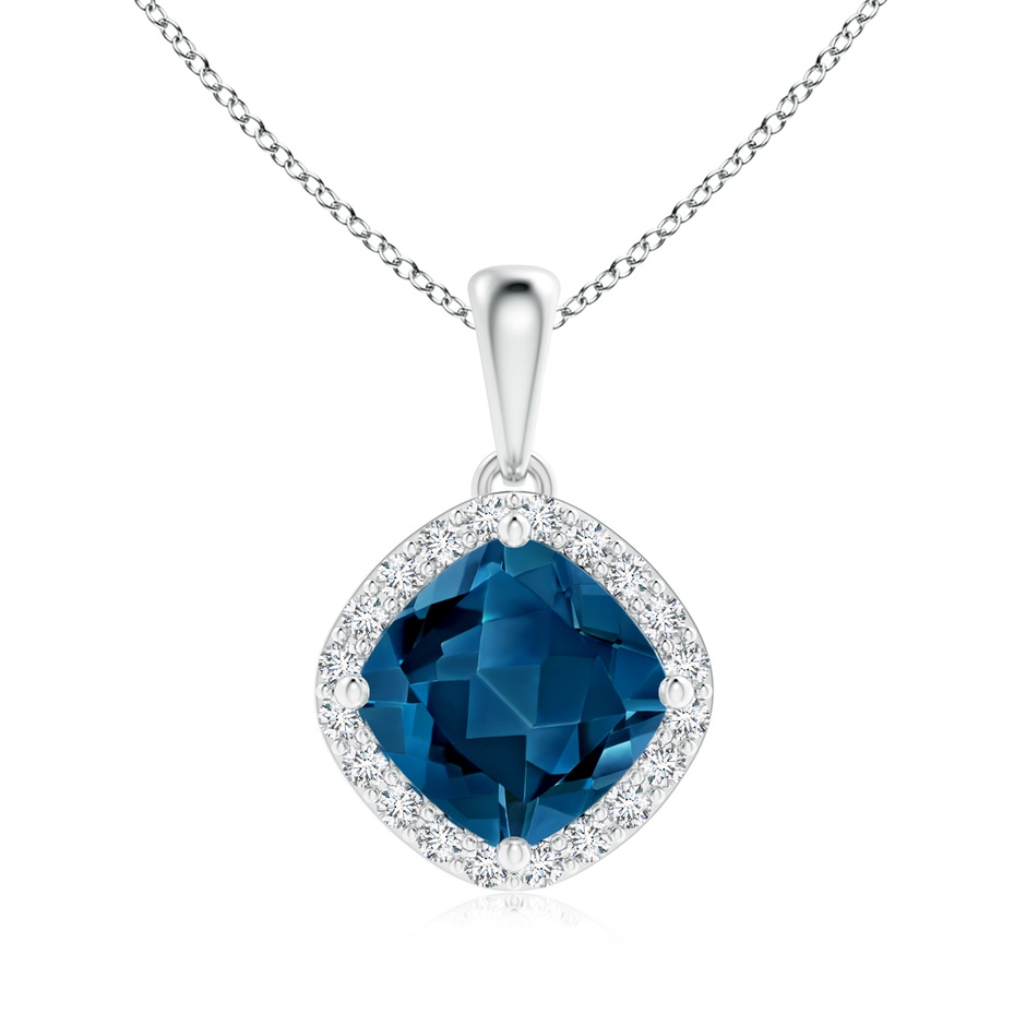 7mm AAA Sideways Cushion London Blue Topaz and Diamond Halo Pendant in White Gold 