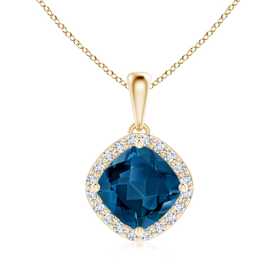 7mm AAA Sideways Cushion London Blue Topaz and Diamond Halo Pendant in Yellow Gold 