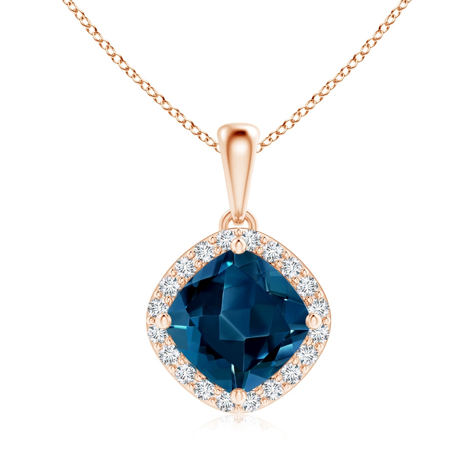 7mm AAAA Sideways Cushion London Blue Topaz and Diamond Halo Pendant in Rose Gold 