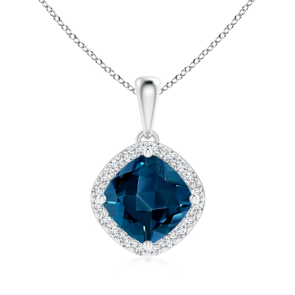 7mm AAAA Sideways Cushion London Blue Topaz and Diamond Halo Pendant in White Gold 