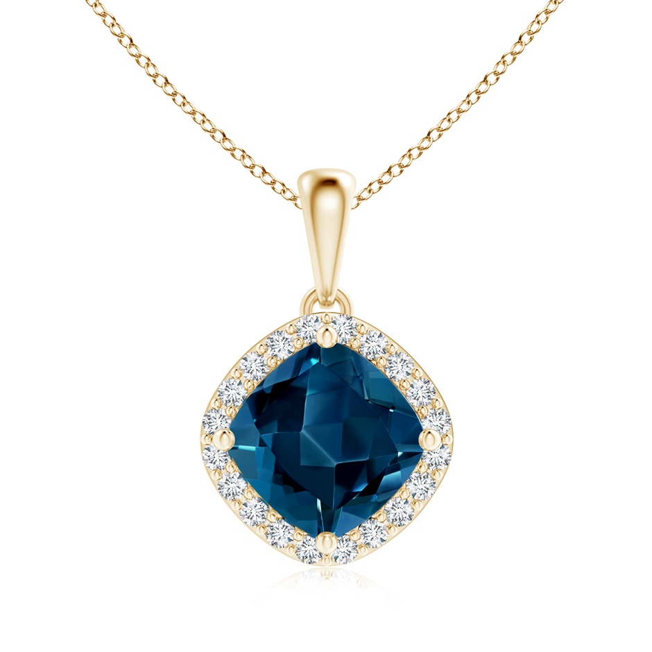 7mm AAAA Sideways Cushion London Blue Topaz and Diamond Halo Pendant in Yellow Gold 