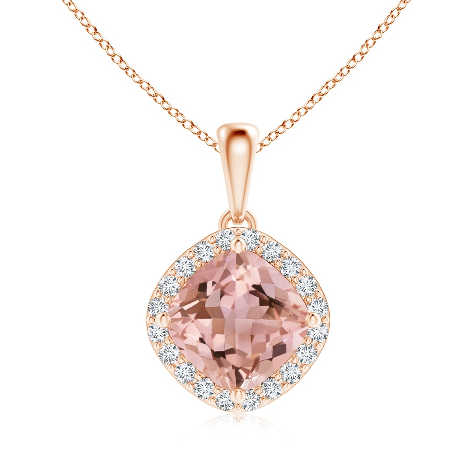 12mm AAAA Sideways Cushion Morganite and Diamond Halo Pendant in Rose Gold 