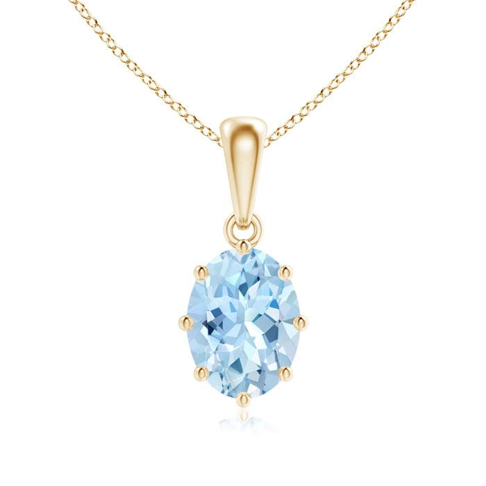 8x6mm AAA Eight Prong-Set Oval Aquamarine Pendant in Yellow Gold 