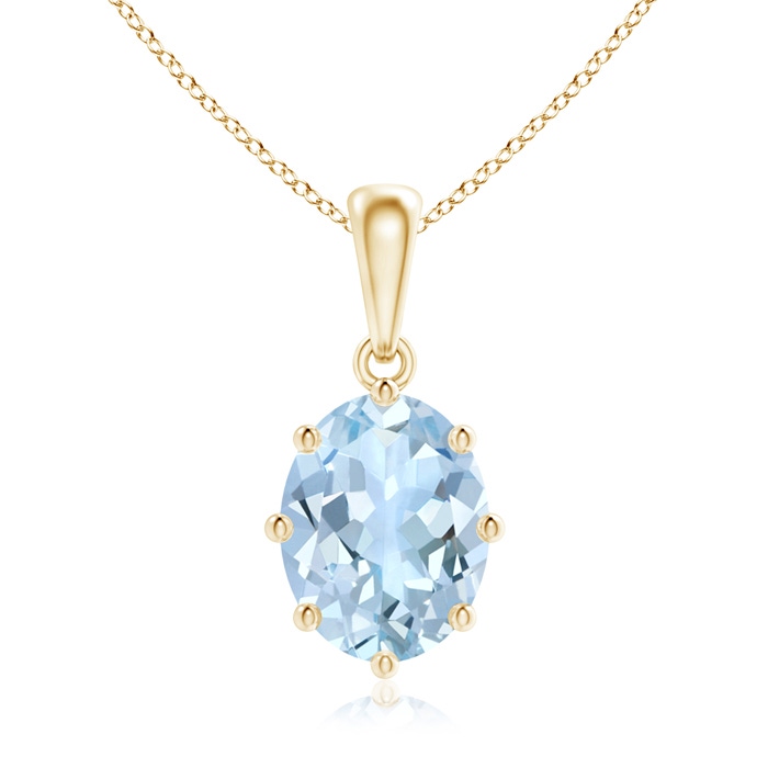 9x7mm AA Eight Prong-Set Oval Aquamarine Pendant in Yellow Gold 