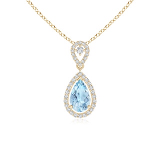 8x5mm AAA Dangling Aquamarine Drop Pendant with Diamond Halo in Yellow Gold